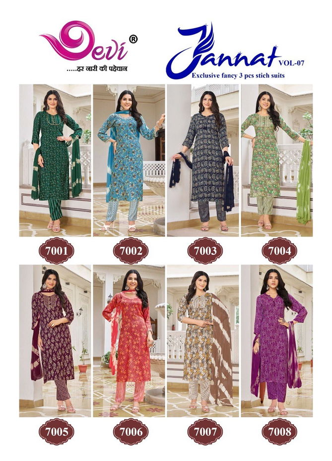 Jannat Vol 7 By Devi Rayon Printed Kurti With Bottom Dupatta Wholesale Shop In Surat